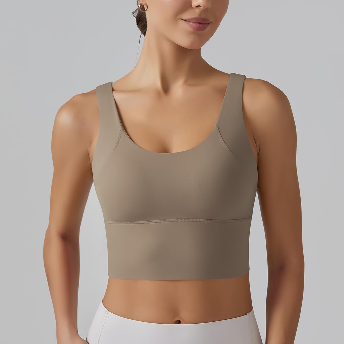 ABOCIW Sports Bra for Women V Back Longline Padded Yoga Bra Workout Crop Tank Tops Khaki Small - Image 2