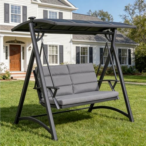 Balancelle De Terrasse/véranda Extérieure avec Auvent en PVC Réglable, Balancelle 2 Places avec Coussin D'assise Et Patins Antidérapants pour Jardin,...