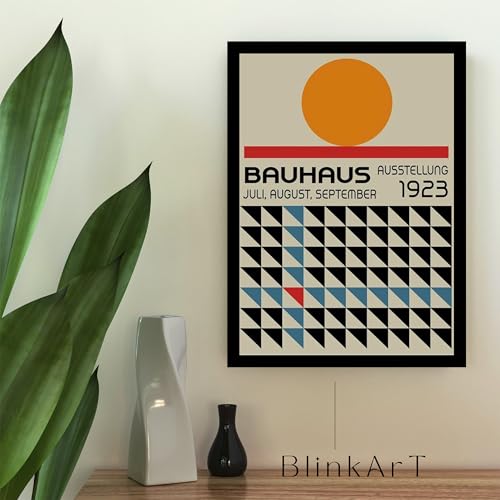 Image of BLINKART Vintage Bauhaus Retro Geometric Aesthetic Poster Gallery | Colorful Wrap Framed For Home Office Studio Living Room Modern Art Studio Decoration Abstract Shapes | (d149) | 13x10 Inch