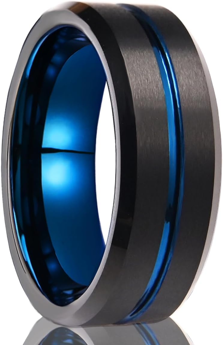 Black Tungsten Carbide Rings for Men and Women 8mm Inlaid Blue Grooves Men's Engagement Wedding Bands Classic and Matte Brushed