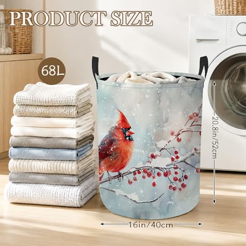 Image of Cardinal Bird Laundry Basket Oxford Cloth Winter Berry Laundry Hamper With Handle Foldable Portable Clothes Storage Basket Storage Bag For Laundry Room /Bathroom /Bedroom /Dormitory 20.8 inchx16 inch