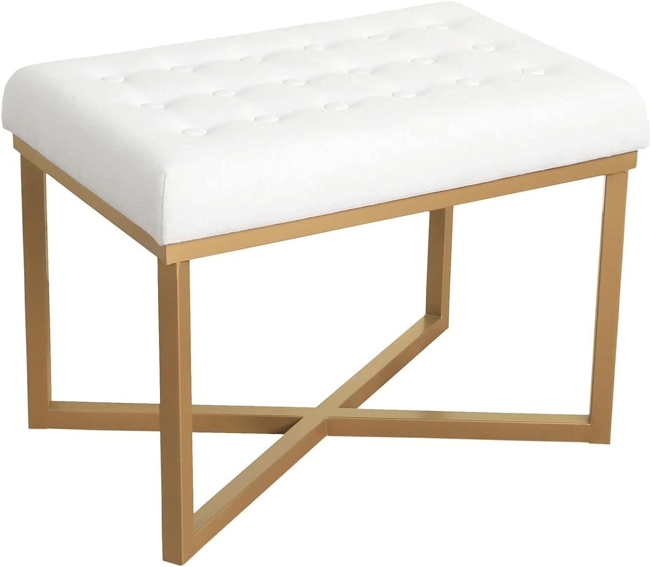INDIAN DECOR. 38141 White Cushioned Ottoman with Golden Color Metal Base/Living Room Seating Furniture with Soft Thick Cushion for Garden Yard Deck Poolside, Bed Room Living Room and Bedroom.