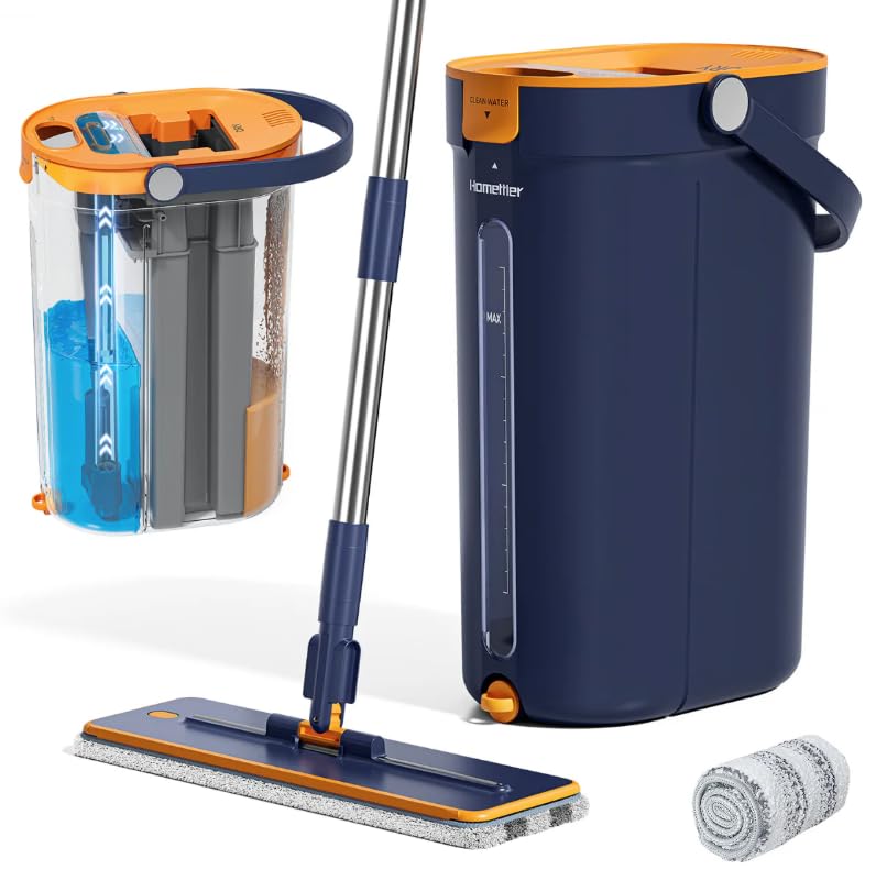 Blue Spring - Sistema de fregona plana y cubo, autolimpiante con agua limpia y sucia, uso húmedo y seco, 2 almohadillas de microfibra reutilizables, capacidad de 3 litros para limpieza de suelos de