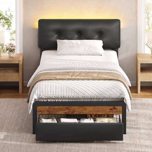 KIMENICH Single Bed Frame, Metal Bed 90 x 190 cm with Drawer, Upholstered Height-Adjustable Headboard with LED Lighting, Easy Assembly, PU Black