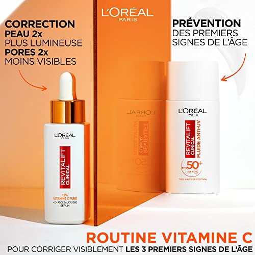 L'Oréal Paris - Fluide Anti-UV FPS 50+ Vitamine C + Vitamine E + Acide Hyaluronique - Taches, Rides & Teint Irrégulier - Fini Invisible - Protection UVB & UVA longs - Revitalift Clinical - 50 ml