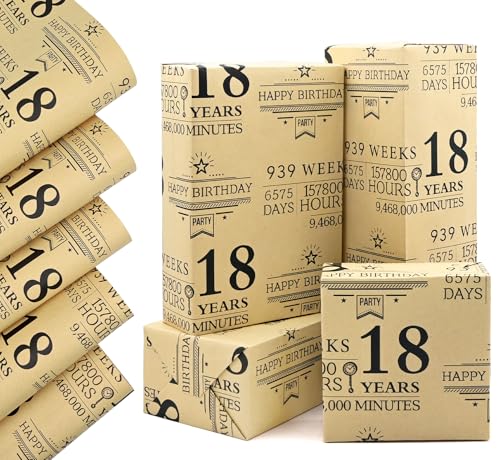 QRTDXP 50x 70cm 18th Birthday Wrapping Paper 5pcs Recyclable Kraft Paper Sheets Designed for 18 Years Old Suitable for Packing Birthday Party Present