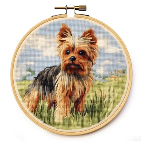 Yorkshire Terrier Stamped Cross Stitch Kits for Beginners Easy with Hoop 11CT Needlepoint Embroidery DIY Counted Cross Stitch Kits Art Craft Wall Decor 40x40cm(2)