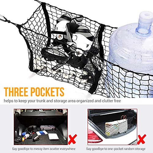 Cargo Net For Pickup Truck Bed - 47" X 12" Cargo Net Trunk Bed Organizer W/ 3 Pocket For Truck Bed, Car, Van Grocery Holder, 4 Metal Carabiners #TOP6