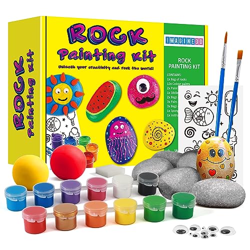 Imagine 3D Rock Painting Kit Arts & Crafts for Kids 6+ Years Set Gifts for 6 Years Old Girls Boys Birthday Present 12 Colour Paints Stone Pebble Clay Stickers Craft Kit Childrens Craft Kits for Kids
