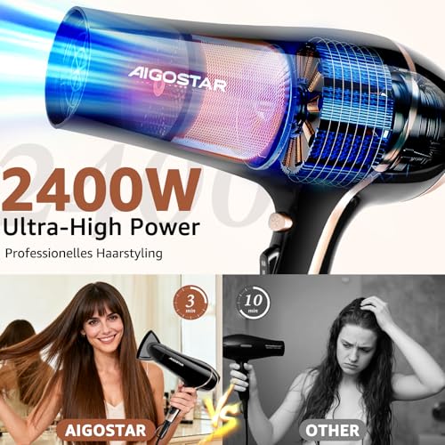 Foto von Aigostar Profi Haartrockner Ionen 2400W Föhn mit Diffusor für Locken, Schnelles Trocknen Haarföhn, 3 Heiz 2 Geschwindigkeitsstufen, Föhn für Haarsalon Zuhause und Reisen, Schwarz