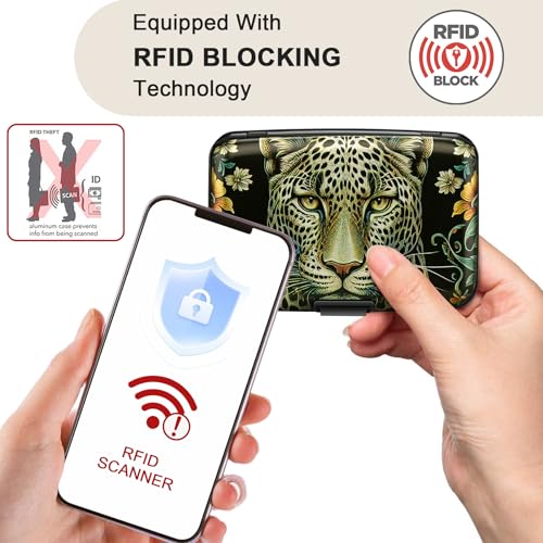 Image of ELFISH Mini RFID Aluminum Wallet Credit Cards Holder Business Card Case Metal ID Case for Men Women, Black Leopard