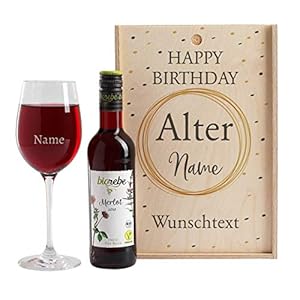 Herz & Heim® tolles Wein-Geschenk zum Geburtstag mit graviertem Weinglas und Wein zur Auswahl in Weinkiste Merlot