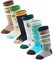 Cottock 6 Paar Kleinkind Jungen ABS Rutschfeste Socken Knie Hoch Baumwolle Griffsocken, Baby Jungen Anti-Rutsch-Socken