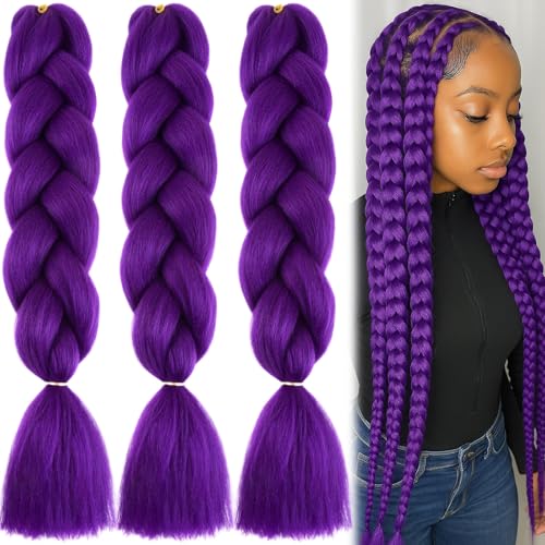 SSKHE 3 paquetes de extensiones de pelo sintético para trenzas, trenzas sencillas, extensiones de trenzas negras naturales preestiradas, 24 pulgadas, extensiones de cabello para trenzas (morado)