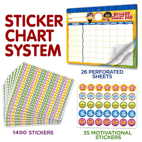 Behavior Reward Chart System - Pad with 26 Chore Charts for Kids, 2800 Stickers to Motivate Responsibility & Good Habits