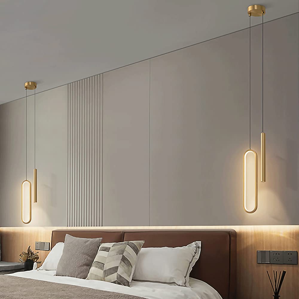 2 głowice mosiężna lampa wisząca z reflektorem sufitowym, lampy wiszące ze złotym wykończeniem, nowoczesne lampy LED 12W 3 tryby kolorów do zawieszenia w sypialni zagłówkiem, salonem, wyspą kuchenną