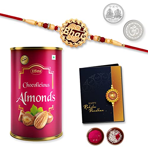 Image of DeoDap Multicolor Bhai Coded Rakhi Bracelet Roli with Chocolate Almonds 96gm, Silver Pooja Coin, Tilak Set, Greeting Card - Rakhi Gift for Brother