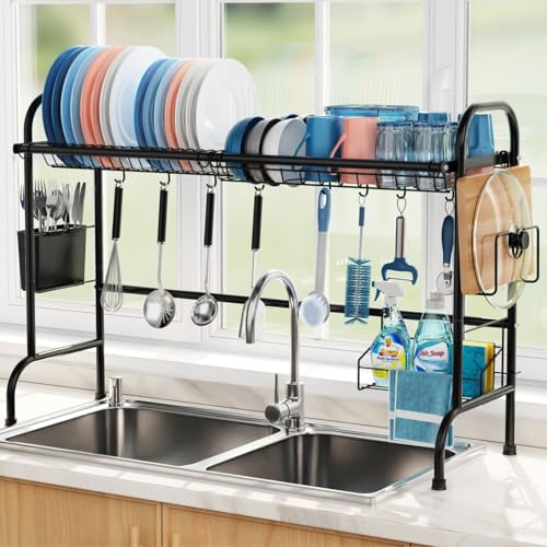 iSPECLE Over Sink Drainer Rack - Stainless Steel Large Dish Drainer, Multifunctional Over Sink Dish Drying Rack with Cutlery Holder, Chopping Board, Washing-Up Liquid Holder for Sink Organisation