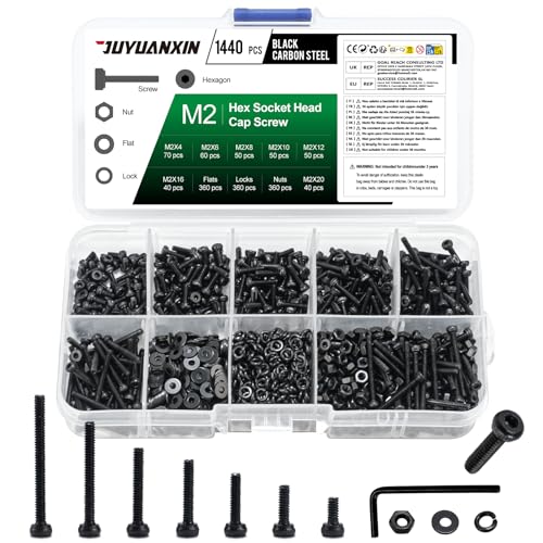 1440 Stück M2 Schrauben Set Metrisch Zylinderkopfschrauben Muttern Set Zylinderschrauben Kohlenstoffstahl Innensechskantschrauben und Muttern Unterlegscheiben Sets Maschinenschrauben Sortiment
