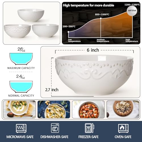 Artena-Cereal-Bowls-26-OZ-Ceramic-Soup-Bowls-For-Kitchen-Embossment-Bowls-For-Rice-Pasta-Salad-White-Bowls-For-Breakfast-Lunch-Dinner-6-Inch-Set-Of-6-Dishwasher-Microwave-Safe-Floral Artena Cereal Bowls 26 OZ Ceramic Soup Bowls For Kitchen Embossment Bowls For Rice Pasta Salad White Bowls For Breakfast Lunch Dinner 6 Inch Set Of 6 Dishwasher Microwave Safe Floral
