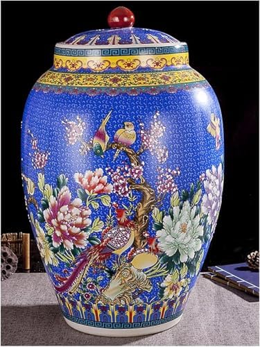 Ceramic Rice Container with Lid Chinese Design Rice Bucket Grain Dispenser Large Food Airtight Storage Jar(Green,25KG)
