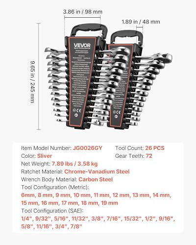 Image of VEVOR Combination Wrench Set, 26-Piece SAE and Metric, 72 Teeth, Cr-V Steel Ratcheting Wrench Set, with Rack Organizer, Open End, Clear Size Labels, for General Household, Automotive Repairs, Silver