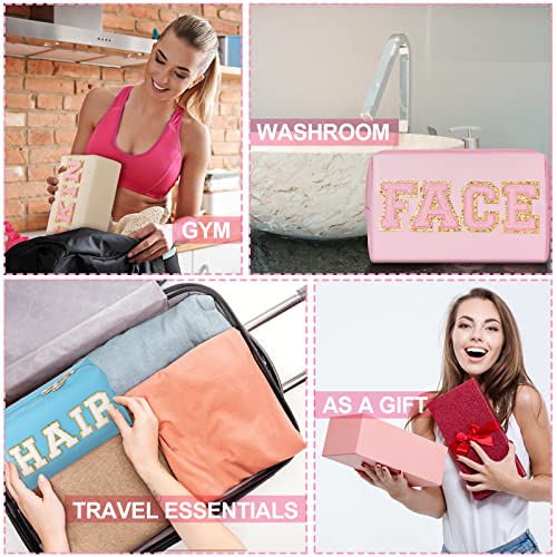 Sotiff 3 Pcs Preppy Patch Makeup Bag Chenille Letter Cosmetic Bag Waterproof Toiletry Bag Portable Makeup Organizer Zipper Cosmetic Pouch For Women Teen Girls (Beige, Light Blue, Pink, Pu Leather) #TOP5