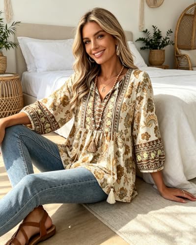 Image of Vivilli Womens Summer Boho Babydoll Tops 3 /4 Sleeve Pleated Peplum Blouses Casual V Neck Tie Front 2026 Tunic Tops