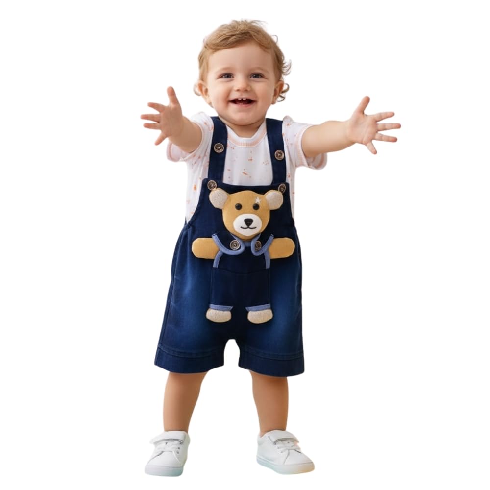Baby Boys Cotton Denim Dungaree Set with 3D Teddy Bear Design | Printed T-Shirt with Adjustable Straps | Stylish & Comfortable Daily Outfit for Baby Unisex-image-47