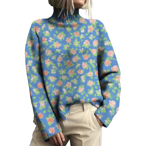Pullover Sweater for Women Boho Floral Long Sleeve Kniteed Chunky Winter Sweaters Turtleneck Jumper Tops 2025 Fall