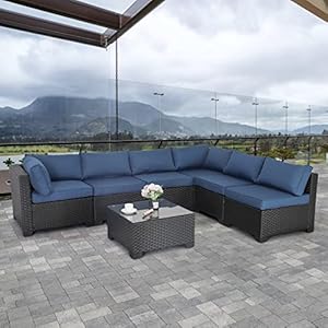 Valita 7 Piece Outdoor PE Wicker Furniture Set, Patio Black Rattan Sectional Sofa Couch with Washable Navy Blue Cushions… Valita 7 Piece Outdoor PE Wicker Furniture Set Patio Black Rattan Sectional Sofa Couch with Washable Navy Blue Cushions