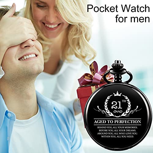 Image of ManChDa Birthday Gifts for Him - Quartz Personalized Pocket Watch Engraved Customized with Chain Gift Box Gift for Men (21th Birthday Gifts)