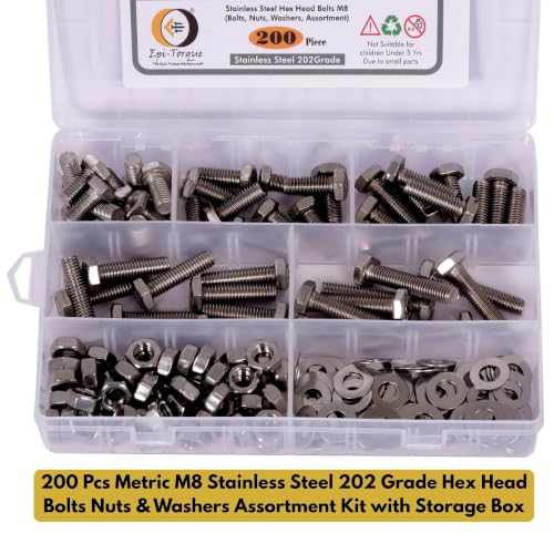Image of Metric M8 Stainless Steel 202 Grade Hex Head Bolts Nuts & Washers Assortment Kit with Storage Box - 200 Pieces