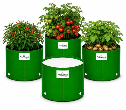 Image of Grow Bags for Terrace Gardening, Premium HDPE Green-Orange Large Planters for Fruit Trees, Vegetables, Flowers & Home Garden Pack of 4(10x10)