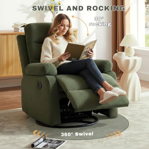 Image of Rocking Recliner Chair,Modern Swivel Glider Recliner Chair,Corduroy Fabric Upholstery Recliner,Manual Reclining Sofa Chair for Living Room,Office,Apartment (Green)