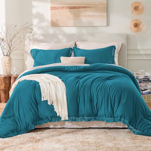 Image of Andency Turquoise Comforter Twin Size, 2 Pieces Boho Teal Tassel Lightweight Bedding Comforter Sets for Twin Bed, Teal Blue All Season Soft Fluffy Fringe Bed Set (66x90In Comforter & 1 Pillowcase)