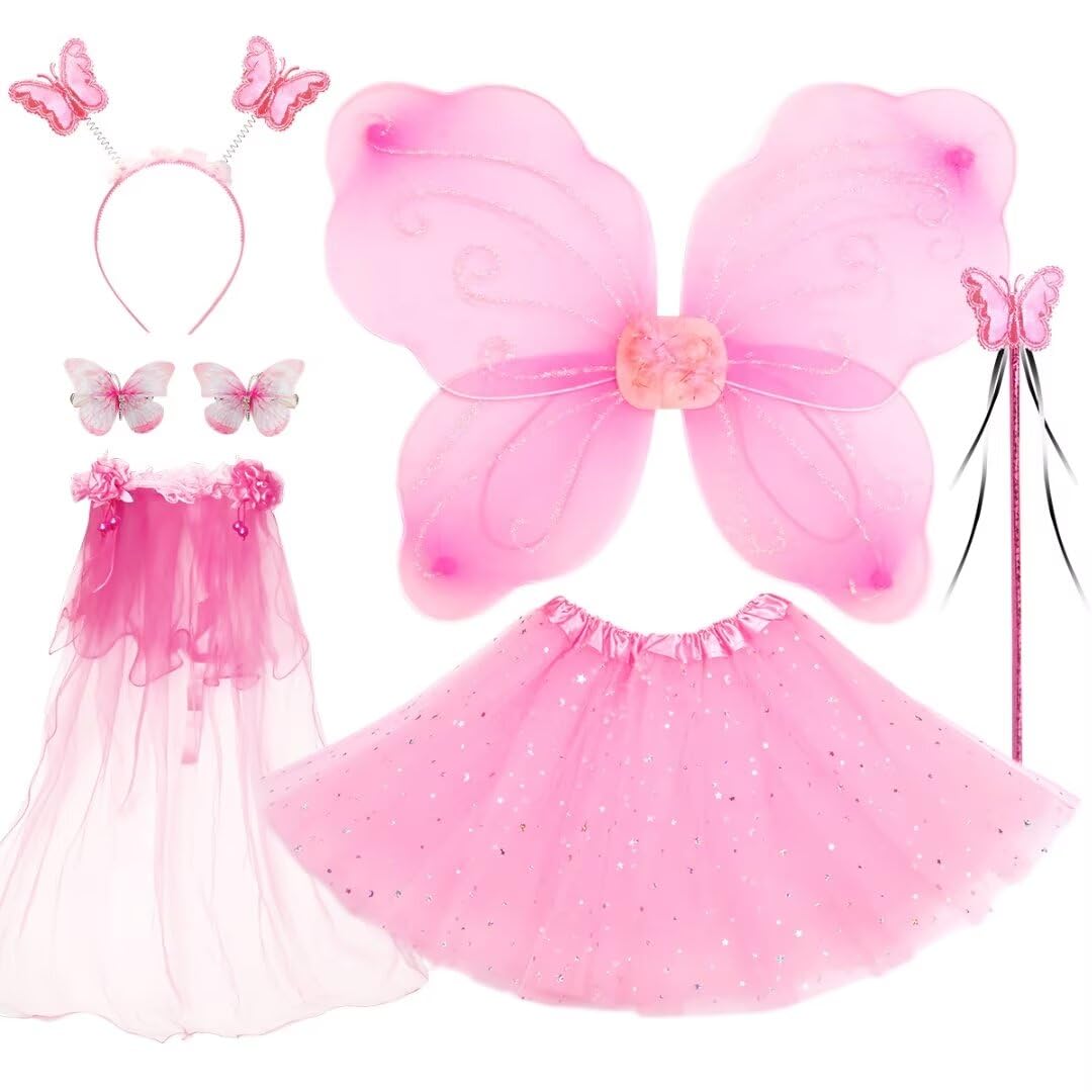 WILDPARTY Fairy Costume Set with Butterfly Wings, Tutu, Butterfly Hair Clips, Magic Wand, Headband and Veil for Age 3-8 Years