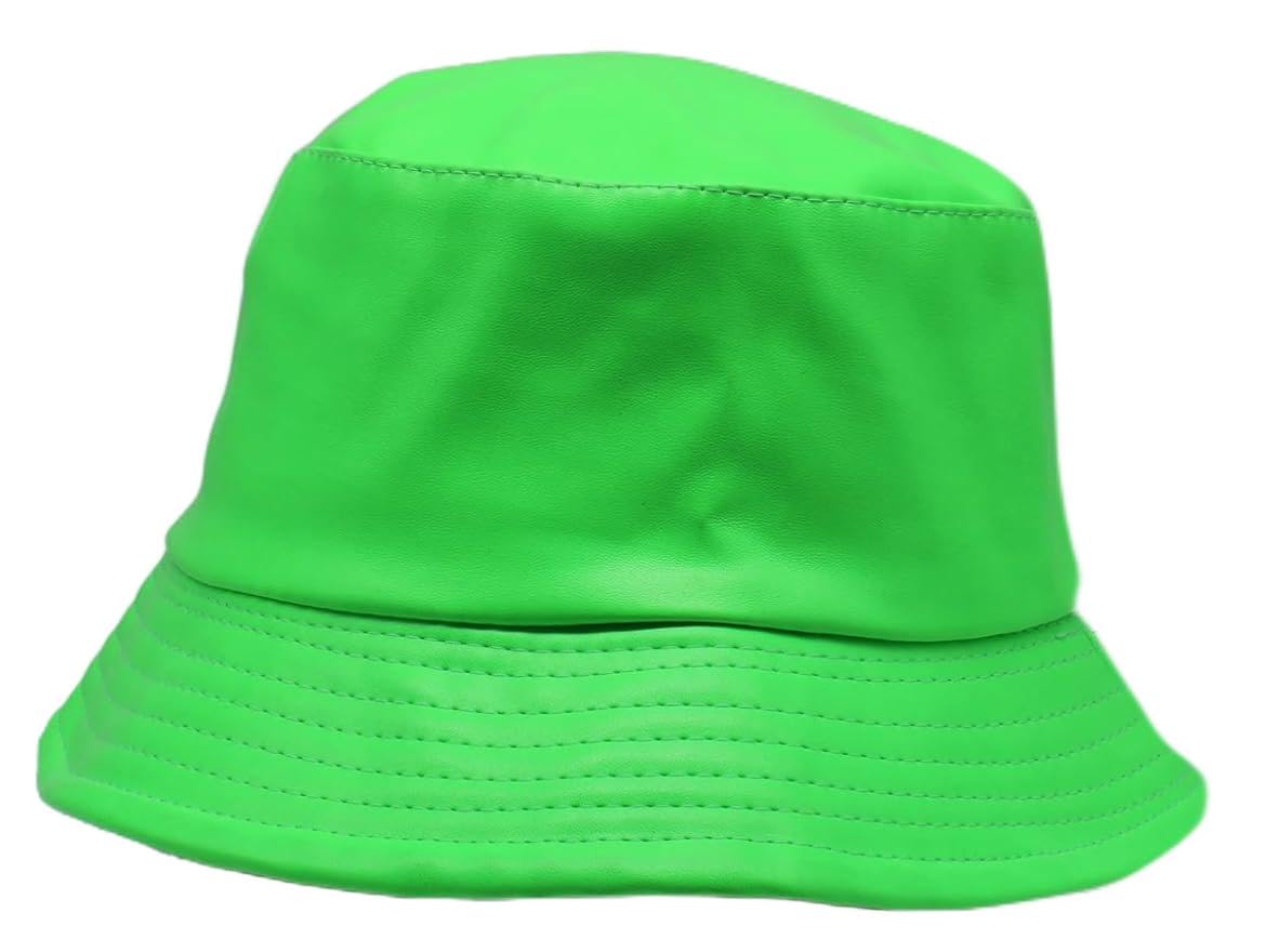 Cherry-on-Top PU Bucket Hat Neon Green Cap for Festivals and Summer Hat