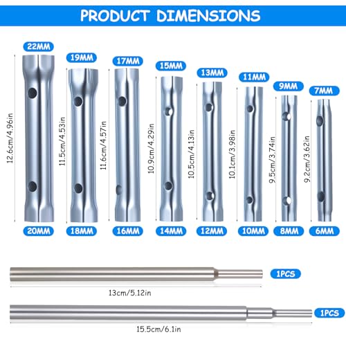 10 Stück Rohrsteckschlüsselsatz, 6-22mm Sechskant-steckschlüssel Set, Hohlschaft Doppelstecker Rohrschlüssel Sets für den Einbau und die Reparatur von Spülen und Wasserhähnen, mit 2 Stück Drehdorn