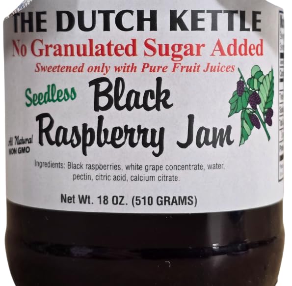 The Dutch Kettle Amish Homestyle Black Raspberry Seedless No Sugar Added Jam 2-19 Oz Jars with Added Craft Jar Toppers