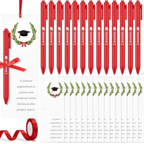 BBTO 50 Set Regalo Laurea 50 Segnaposti Segnalibri Laurea Bigliettini Bomboniera 50 Penna a Sfera Rossa con 1 Rotolo di Nastro Rosso Gadget Addobbi Decorazione Tavolo Inviti Classe Insegnanti Finire