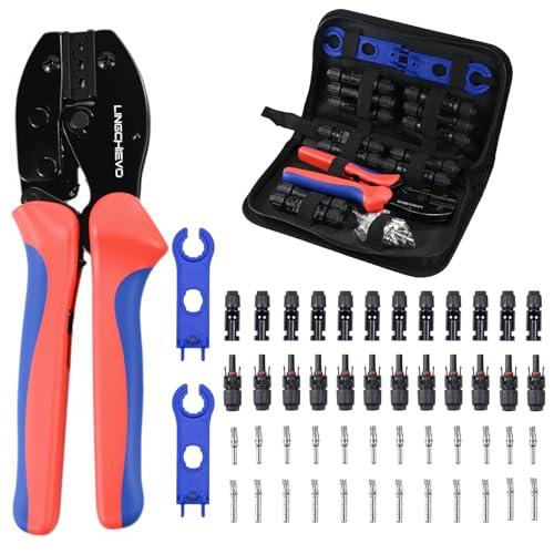 Lingchievo Solar Crimper Tool Kit with 12 PCS MC4 Connectors 2 Solar Connector Spanner Wrench for 14-10 AWG Solar Panel Cable Wire Crimping PV Assembly and Installation