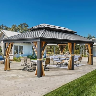 DWVO 12x18ft Hardtop Gazebo Double Roof with Nettings and Curtains, Heavy Duty Galvanized Steel Outdoor Vertical Stripes Roof for Patio, Backyard, Deck, Lawns, Brown