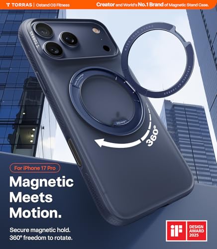 Image of TORRAS 360 Magnetic Stand for iPhone 17 Pro Case, [Fit for MagSafe] [360 Rotating Kickstand] 4X Mil-Grade Shockproof, Camera Control Button, Slim, Translucent Deep Blue 6.3 inch, O3 Fitness Series