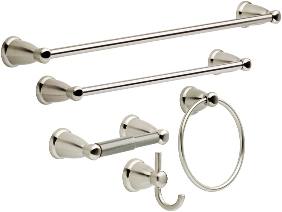 Kinla 5-Piece Bathroom Set Satin Nickel 18" and 24" Towel Bar Racks, Toilet Paper Holder, Ring, Hook KIN5PC-SN