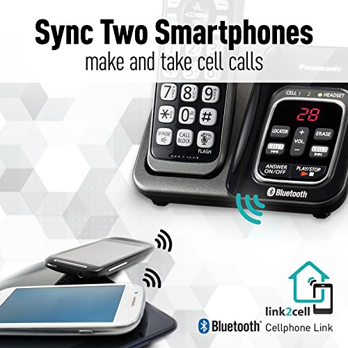 PANASONIC Expandable Cordless Phone System with Link2Cell Bluetooth, Voice Assistant, Answering Machine and Call Blocking - 3 Cordless Handsets - KX-TGD563M (Metallic Black)