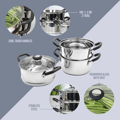 Blackmoor 69849 3-Tiered Food Steamer with 2.3L Capacity/Stainless Steel/Tempered Glass Lid with Steam Vent/Cool Touch Handles/All Hob Types Including Induction - Image 6