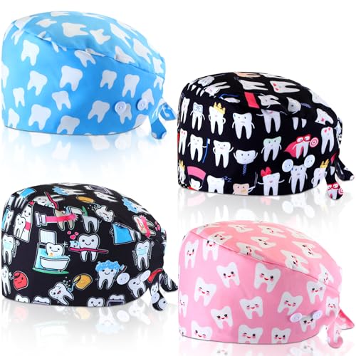 Unittype 4 Pcs Nurse Caps for Women Nursing Working Caps with Button and Sweatband Adjustable Elastic Scrub Hats for Dentist(Engaging Style) Multicolored