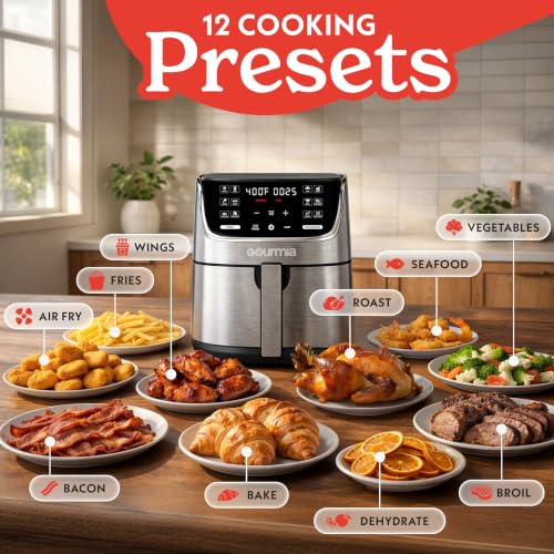 Image of Gourmia Air Fryer - 7 Qt Capacity, LED Display, 12 One-Touch Presets, FryForce 360 Technology, Nonstick Dishwasher-Safe Basket & Crisper Tray, Stainless Steel