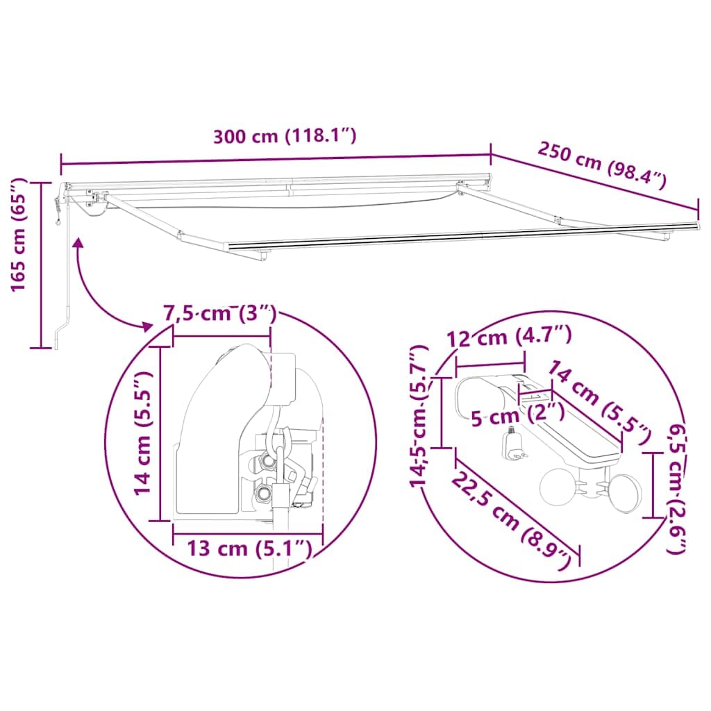 Toldo automático con LED marrón, 300 x 250 cm, brazo articulado, protección solar con sensor de viento, resistente a los rayos UV, impermeable, extensible, manivela y control eléctrico para
